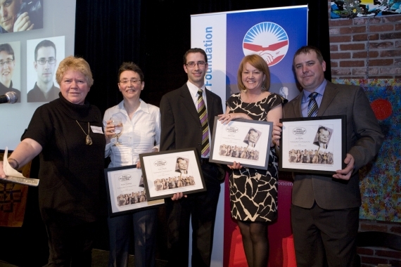 Judge Bronwyn Drainie with Helen Fallding, Tyler Walsh, Julie Carl, and Joe Bryksa accept their honourable mention