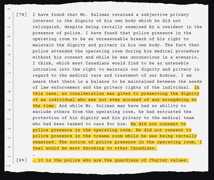 Typed page showing a statement that the police gave no consideration to preserving an individual's dignity and privacy while in custody