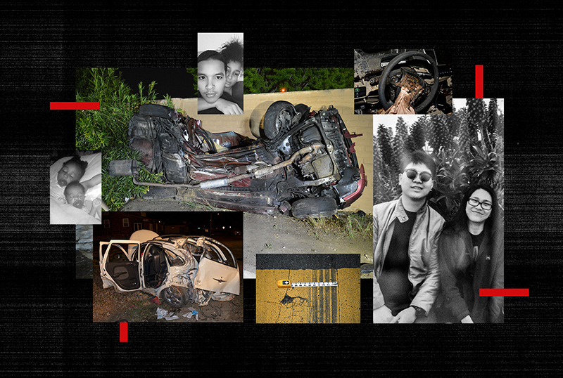 Collage showing photos of the victims in happy times and wrecked cars  