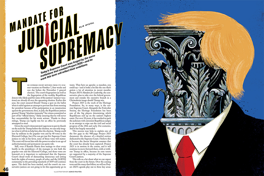 Spread showing article entitled "Mandate for Judicial Supremacy" in The Nation