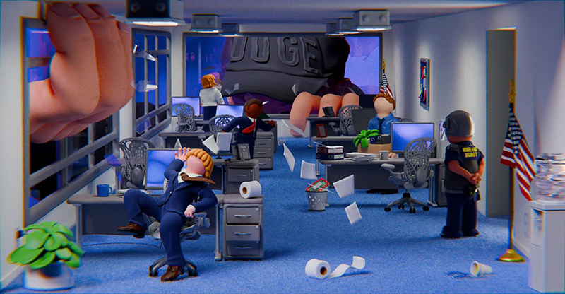 Cartoon office scene with people working at desks being disrupted by a giant person wearing a DOGE baseball cap