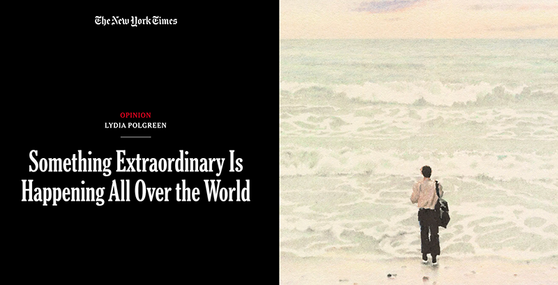 Illustration of a figure on a beach with the title "Something Extraordinary Is Happening All Over the World" and the NY Times logo