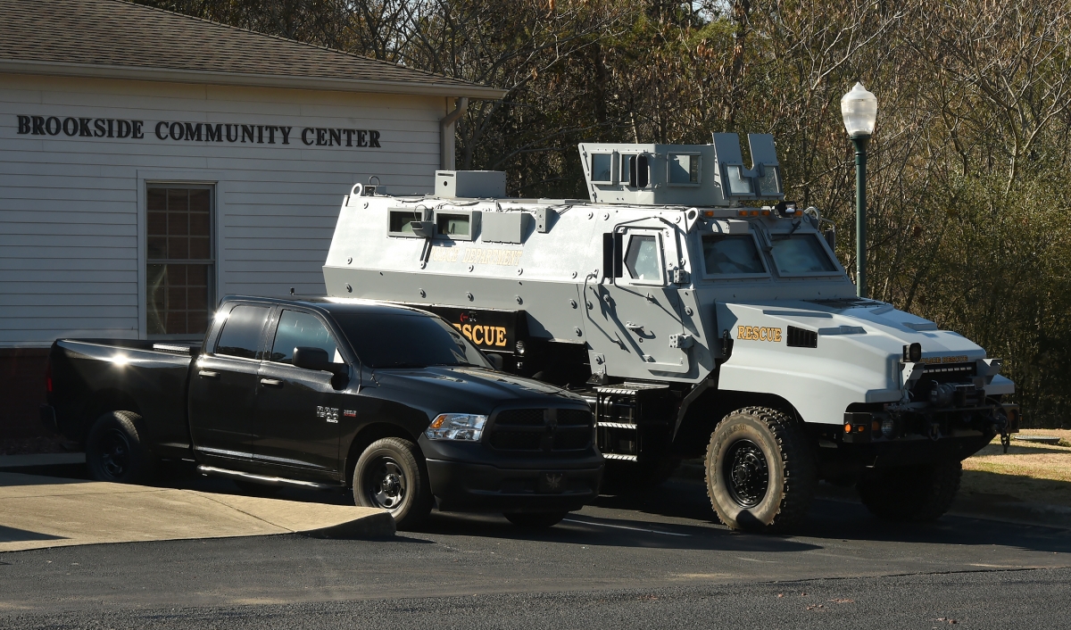 Riot control vehicle parked outside the Brookside Community Center